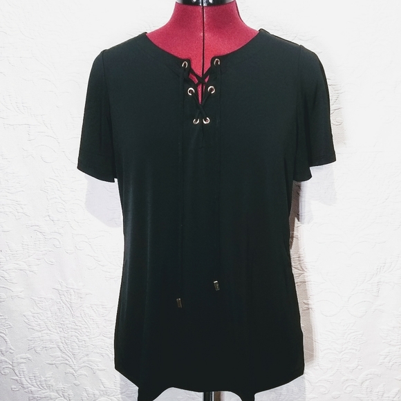 Liz Claiborne NWT Small Black Lace Up Top Blouse - Picture 2 of 11